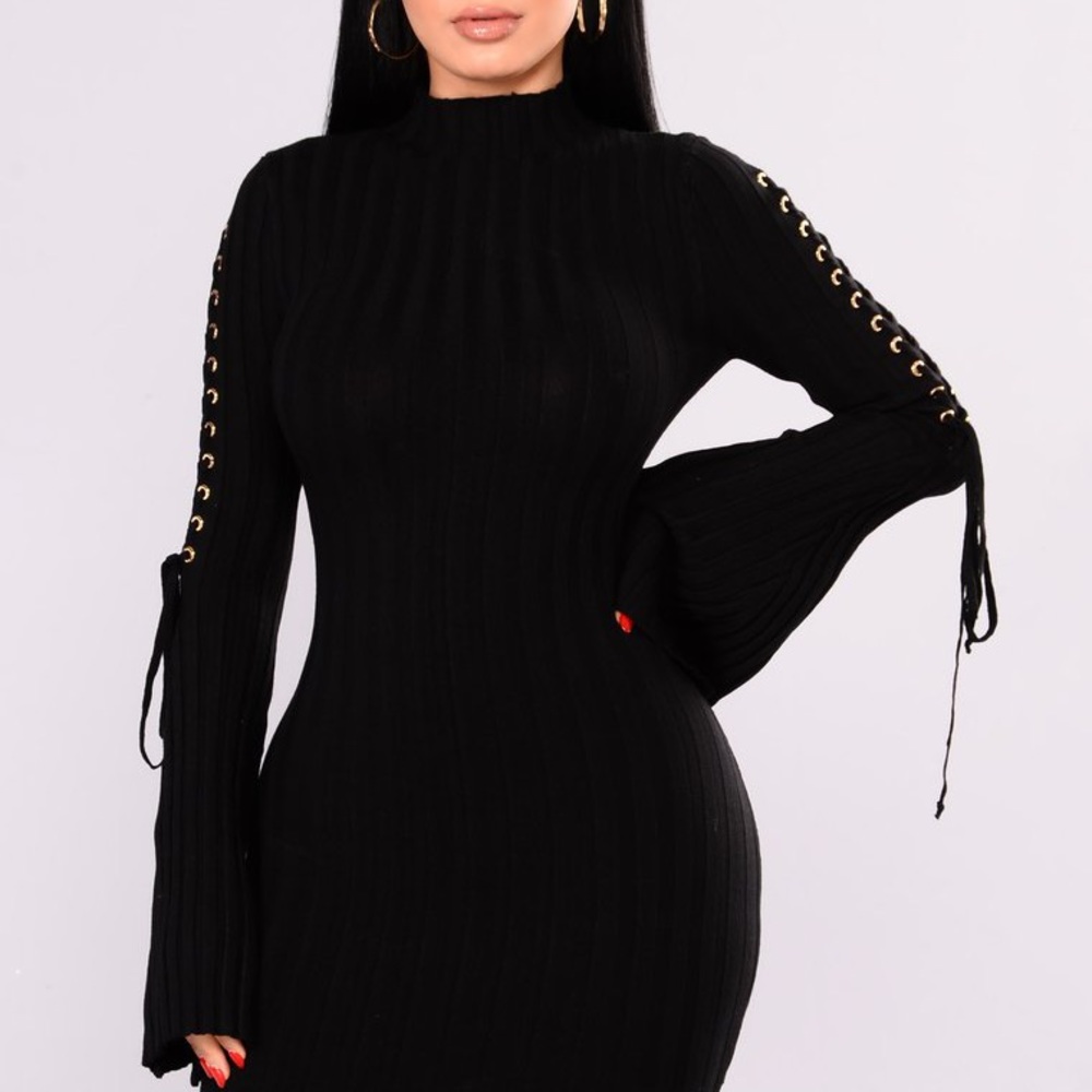 Black Knit Mock Neck Bell Sleeved Dress Small - Picture 2 of 4